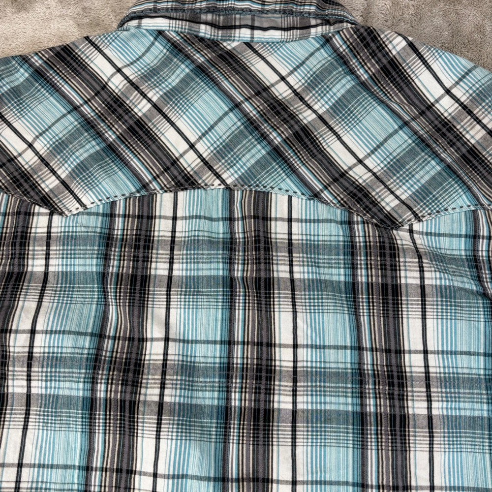 Wrangler Western Snap Shirt Mens XL Turquoise Black Plaid Excellent Pearl Snap - Picture 5 of 8